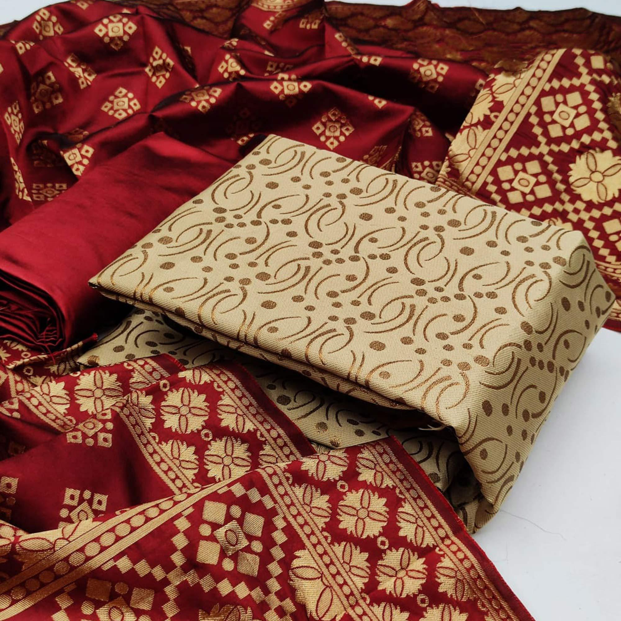 Chiku Festive Wear Woven Banarasi Silk Dress Material - Peachmode
