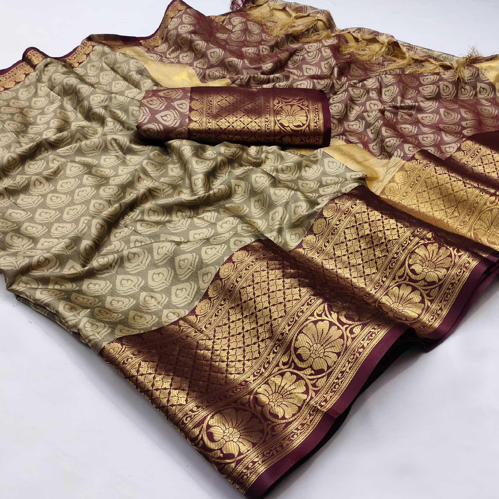Chiku Festive Wear Woven Cotton Saree With Tassels - Peachmode