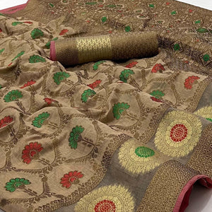 Chiku Woven Poly Cotton Saree - Peachmode