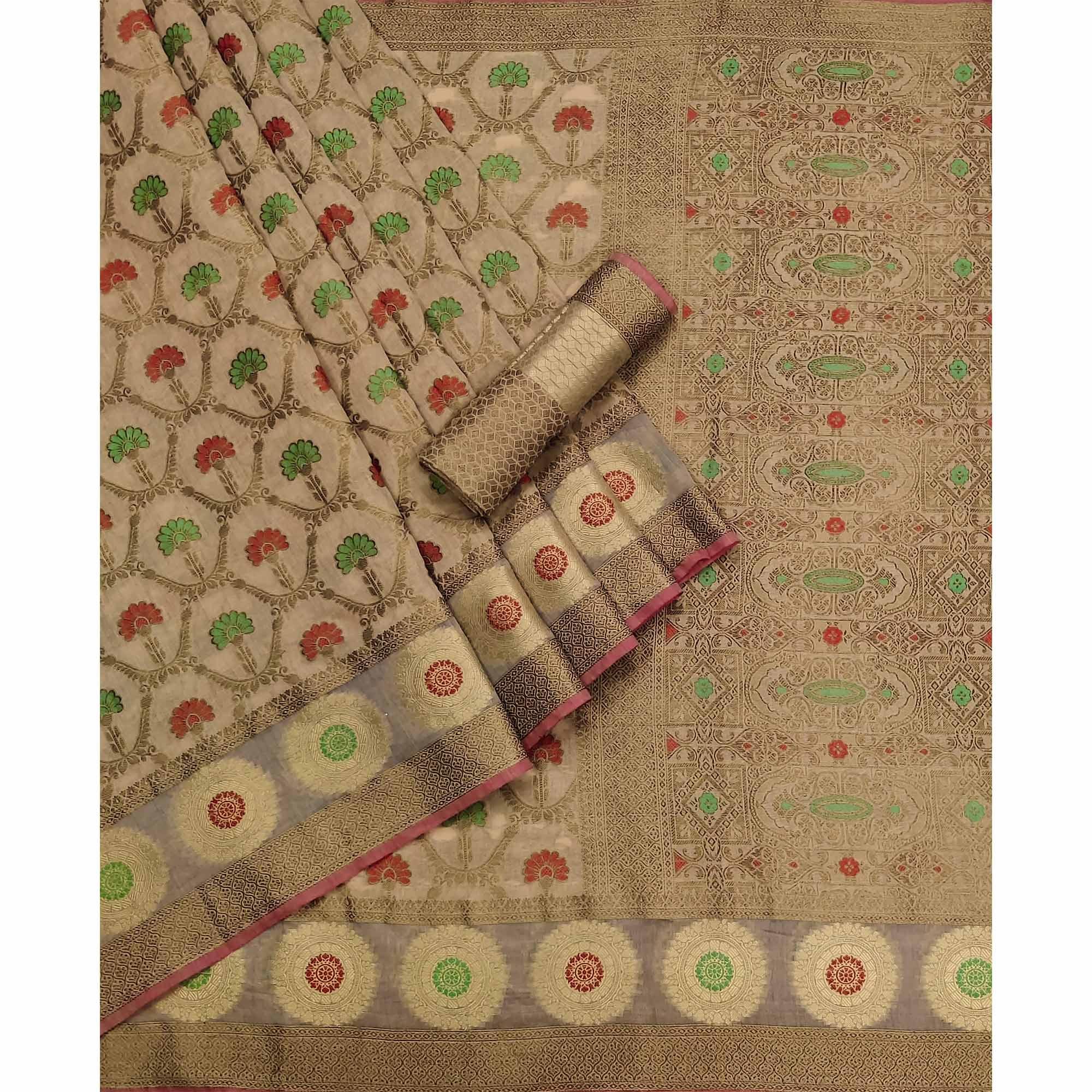 Chiku Woven Poly Cotton Saree - Peachmode