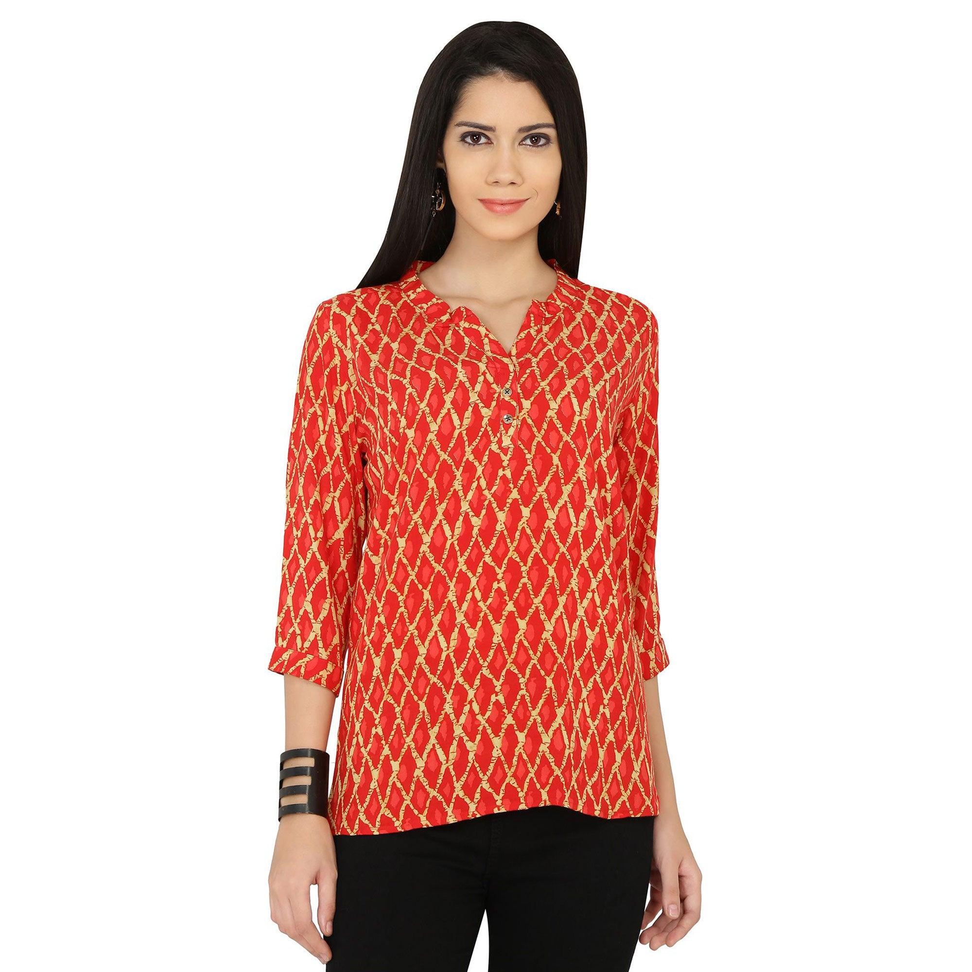 Chimpaaanzee - Orange Colored Casual Printed Viscose Top - Peachmode