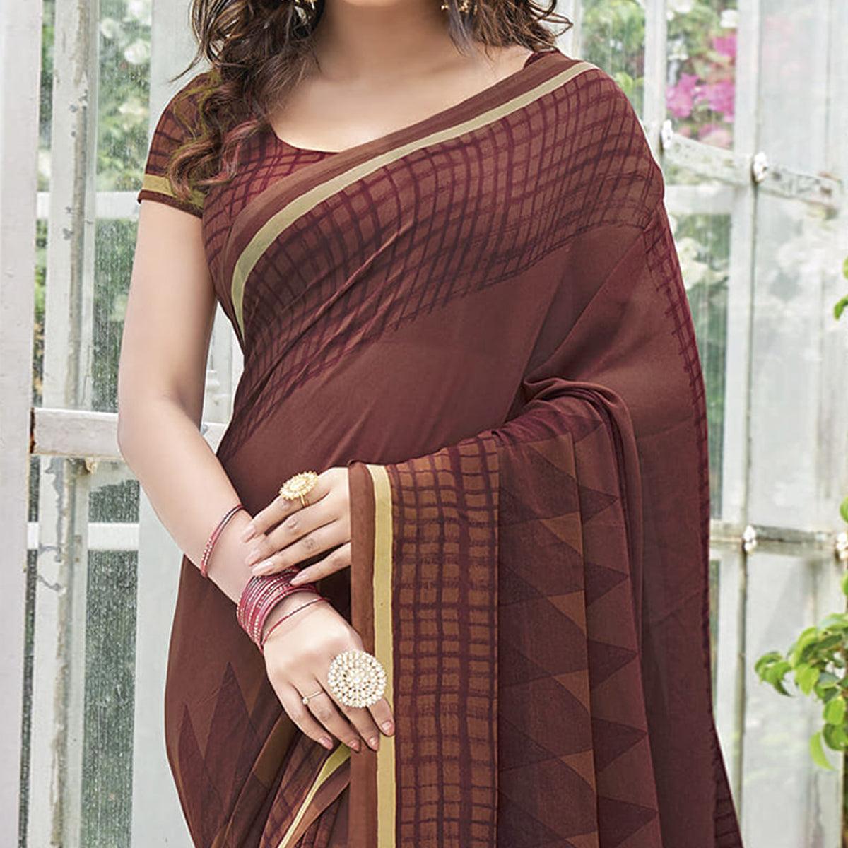 Chocolate Brown Printed Georgette Saree - Peachmode