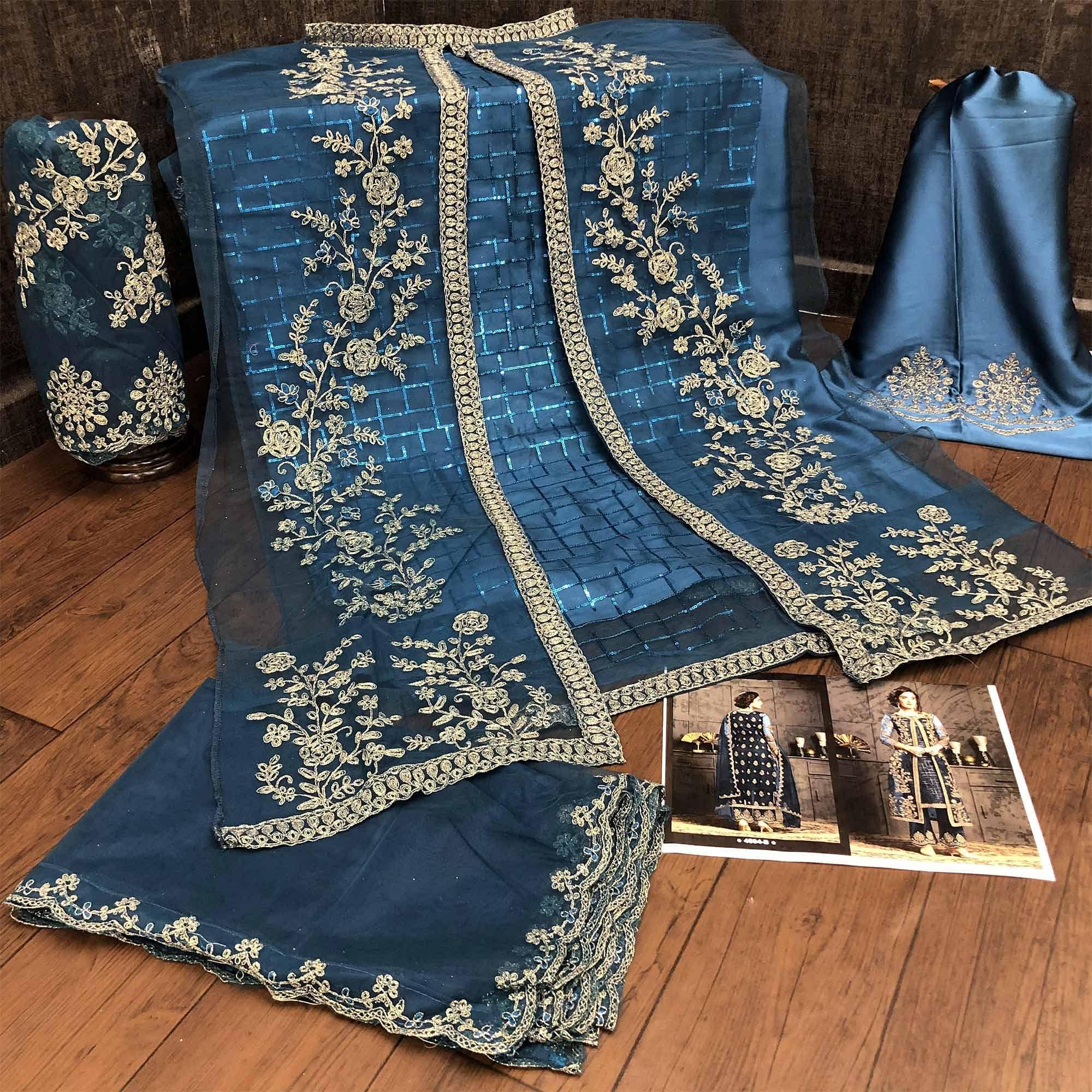 Classy Aqua Blue Coloured Party Wear Floral Embroidered Butterfly Net Pakistani Straight Suit - Peachmode