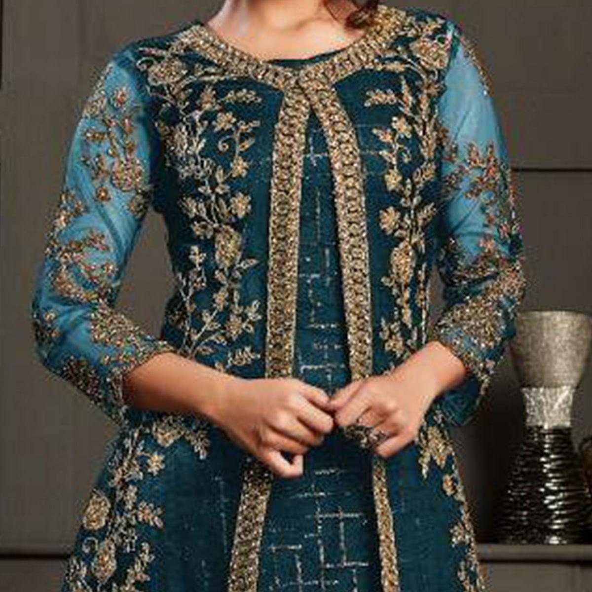 Classy Aqua Blue Coloured Party Wear Floral Embroidered Butterfly Net Pakistani Straight Suit - Peachmode