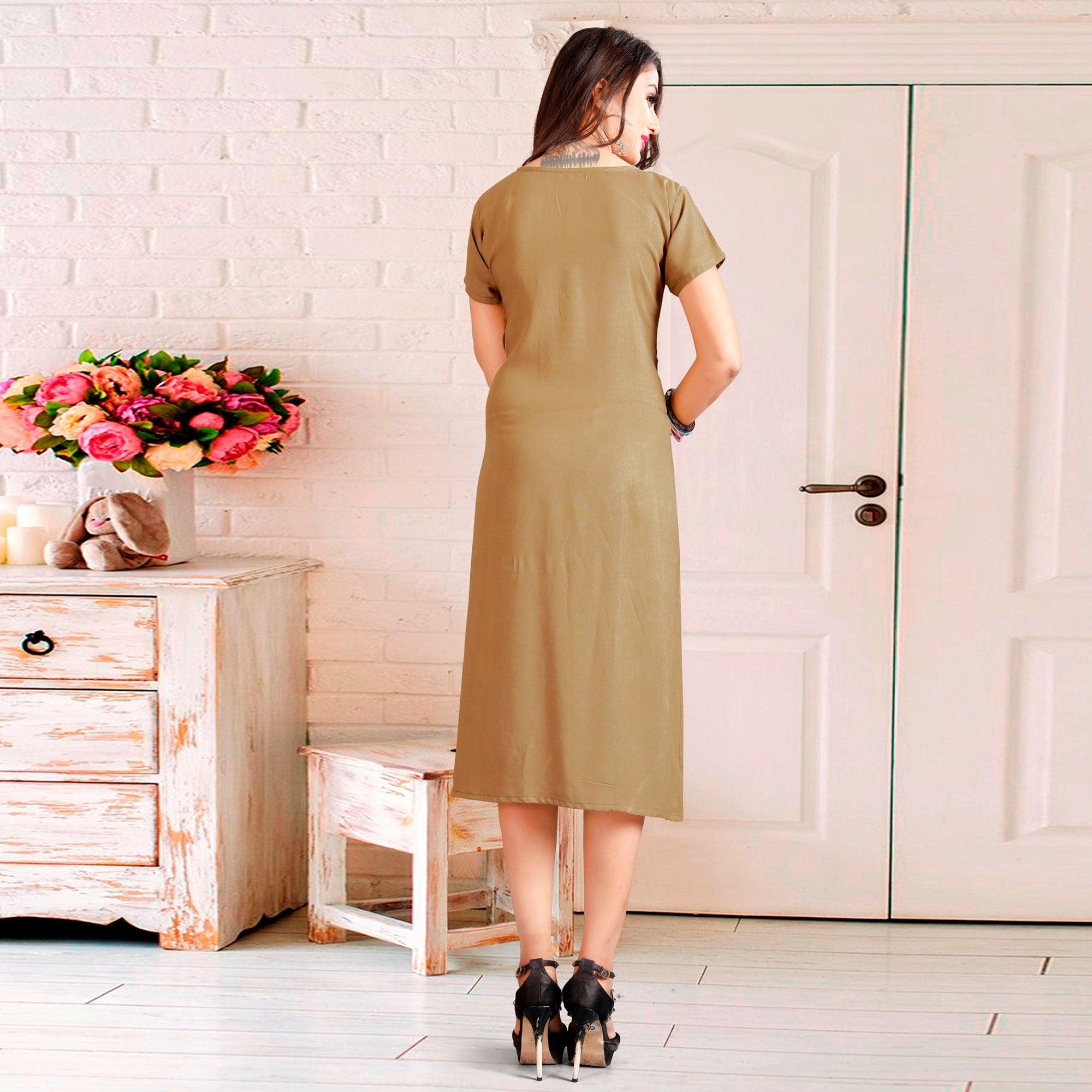 Classy Beige Colored Casual Digital Rayon Kurti - Peachmode
