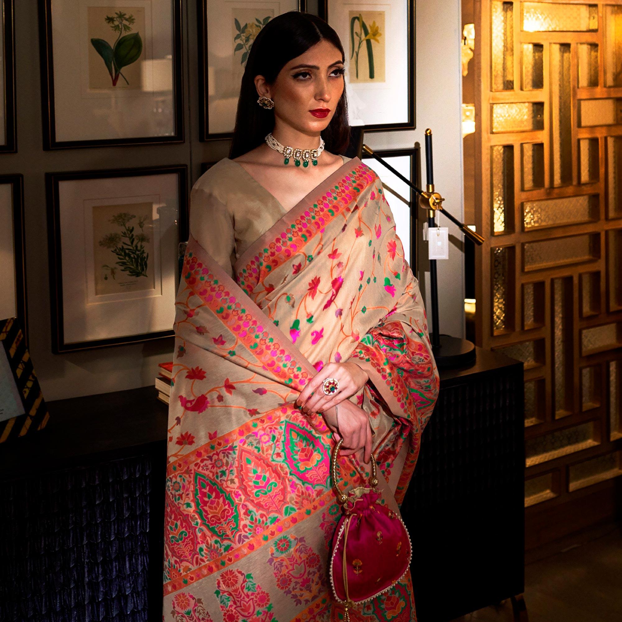 Classy Beige Colored Festive Wear Woven Chanderi Saree - Peachmode