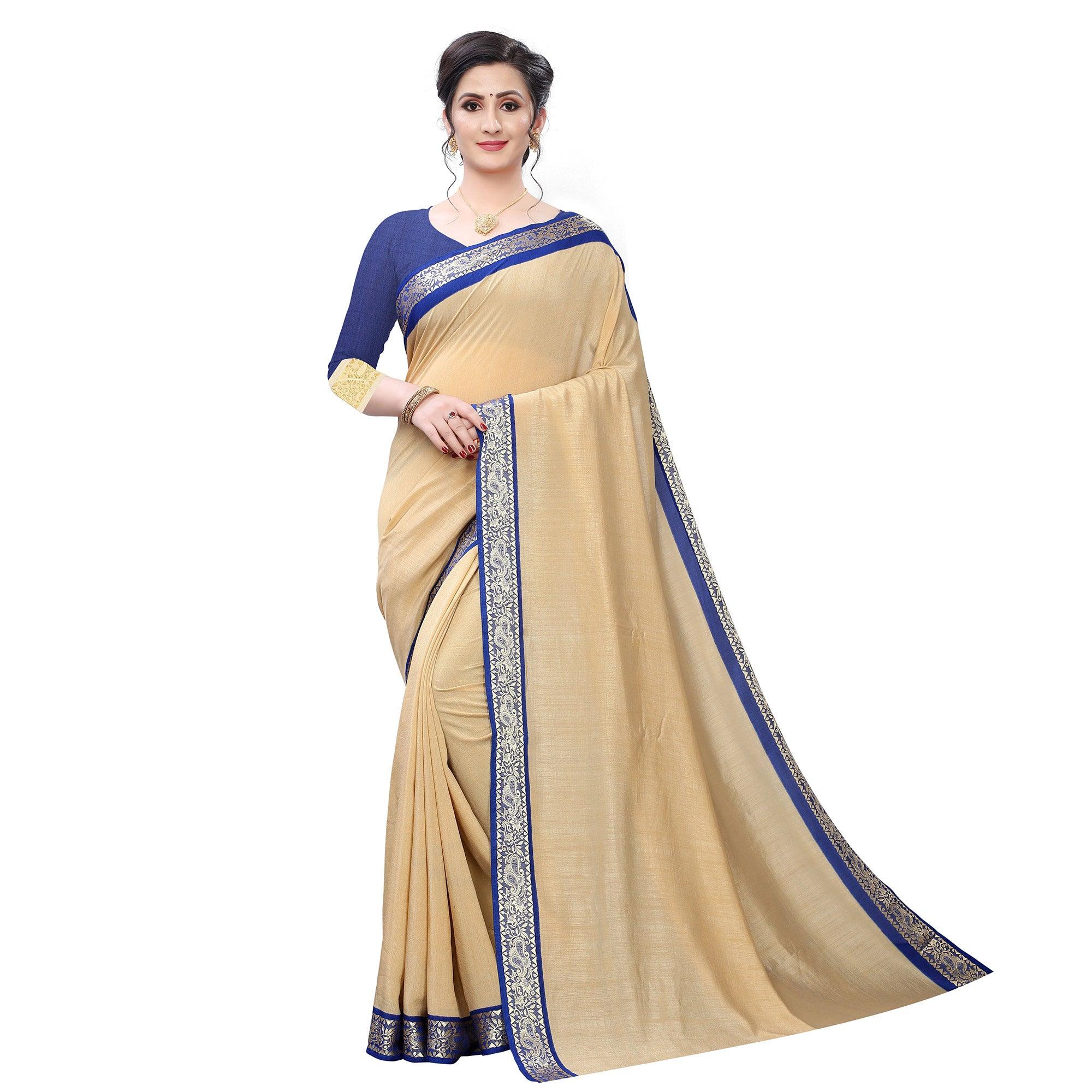 Classy Beige Colored Festive Wear Woven Vichitra Silk Saree - Peachmode