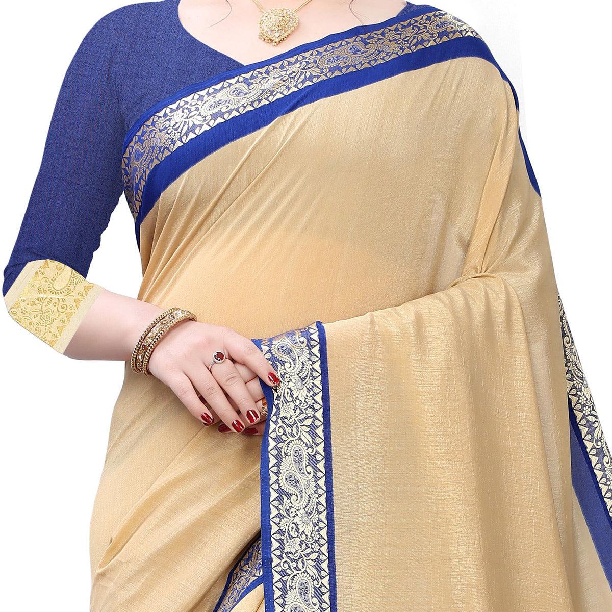 Classy Beige Colored Festive Wear Woven Vichitra Silk Saree - Peachmode