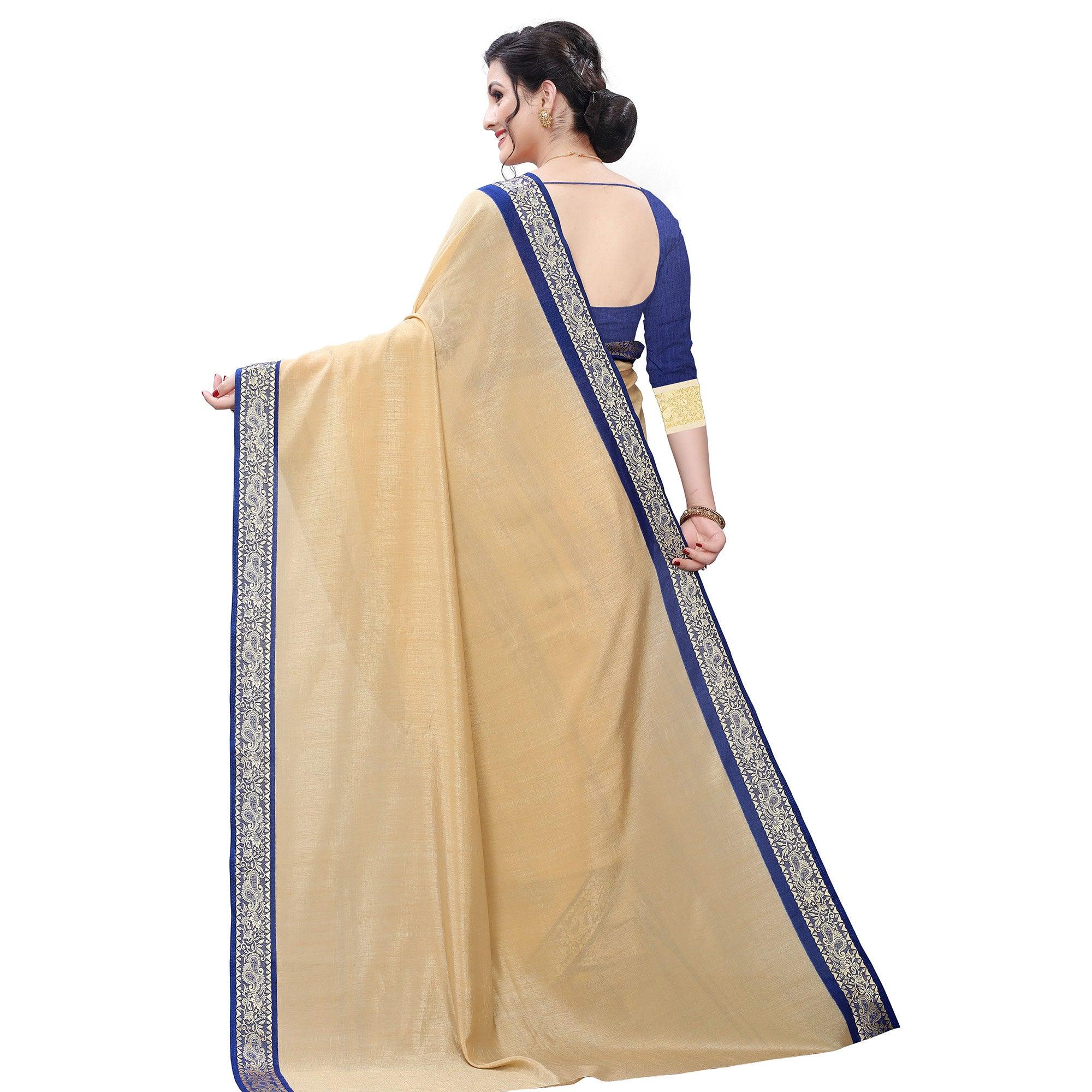 Classy Beige Colored Festive Wear Woven Vichitra Silk Saree - Peachmode