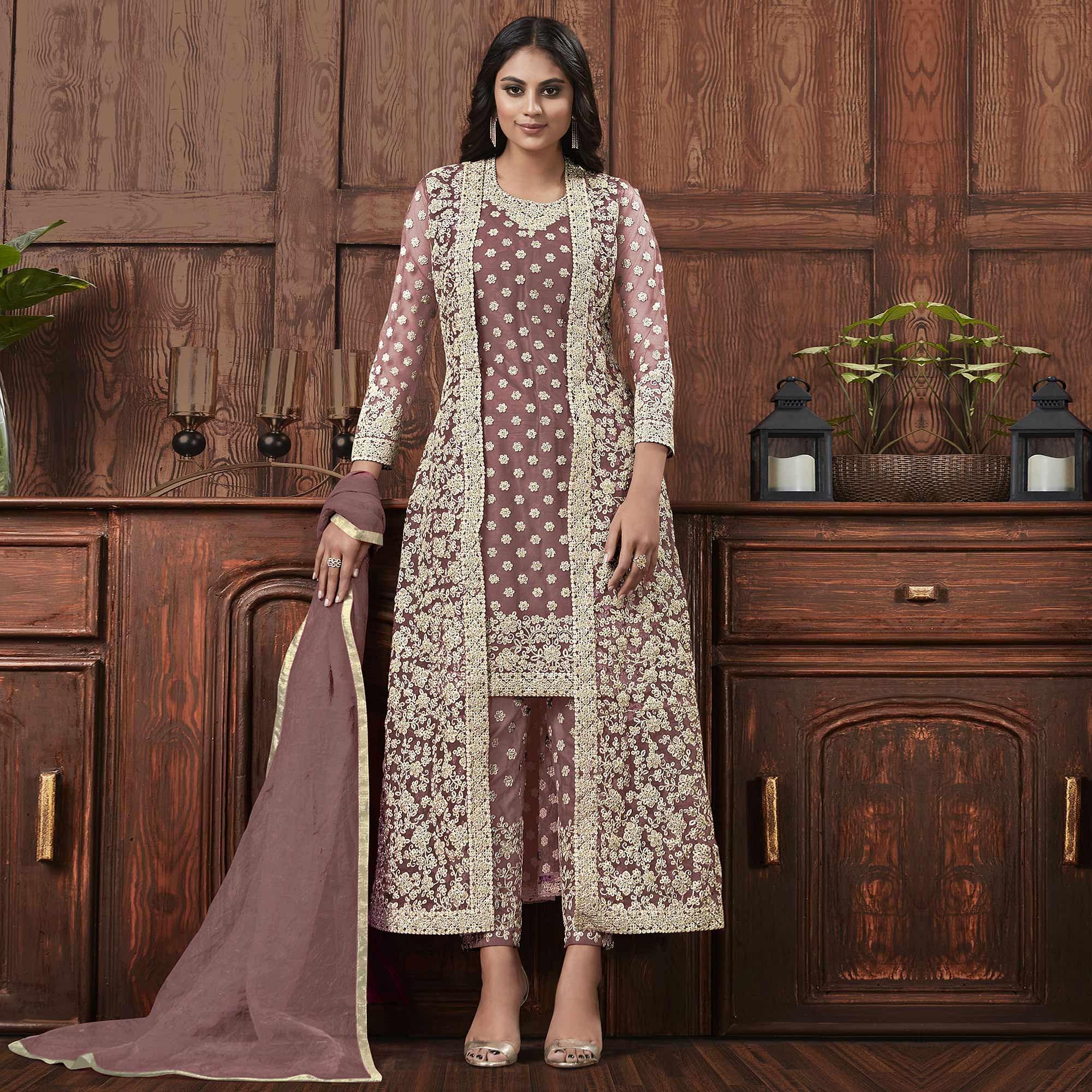 Classy Beige Coloured Partywear Embroidered Butterfly Net Pakistani Straight Suit - Peachmode