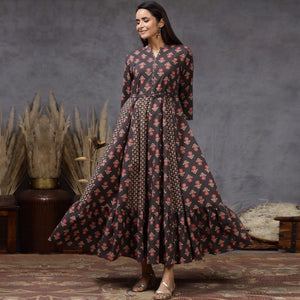Classy Black Colored Casual Wear Printed Cotton Silk Long Kurti - Peachmode