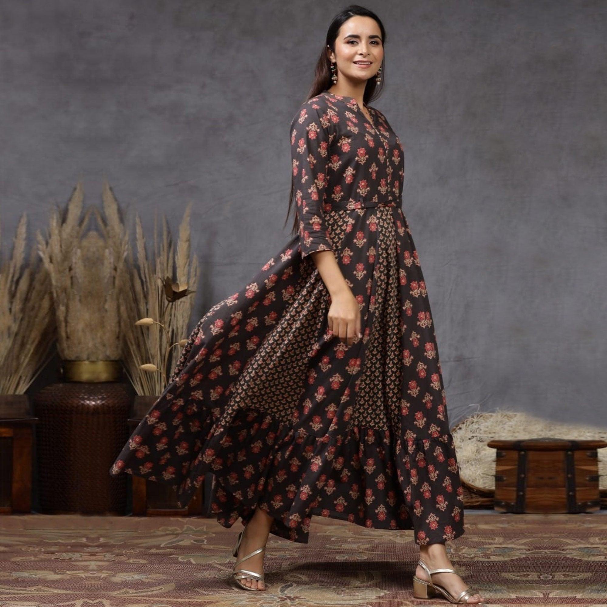 Classy Black Colored Casual Wear Printed Cotton Silk Long Kurti - Peachmode