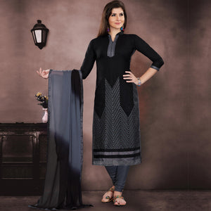 Classy Black Colored Embroidered Partywear Chanderi Dress Material - Peachmode