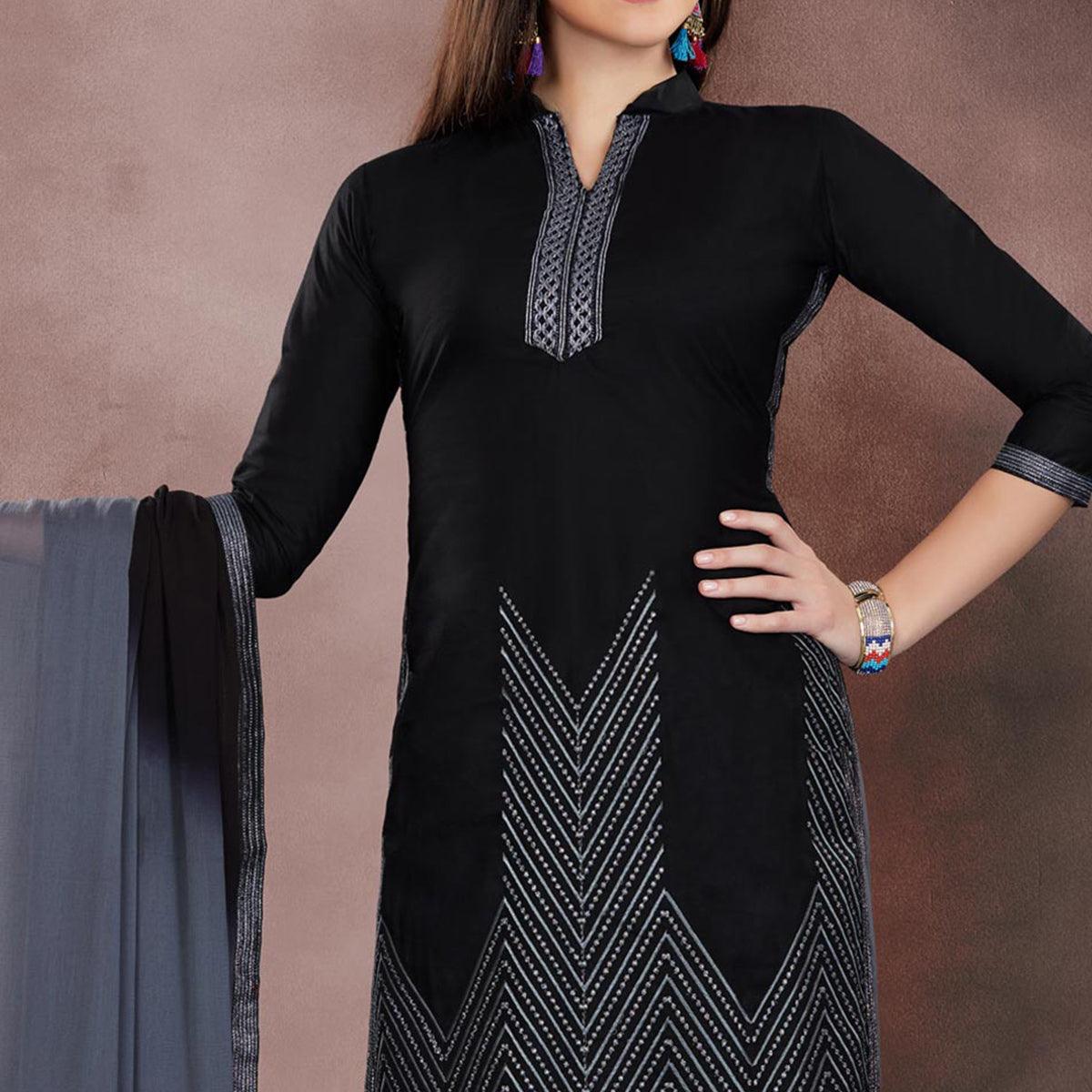 Classy Black Colored Embroidered Partywear Chanderi Dress Material - Peachmode