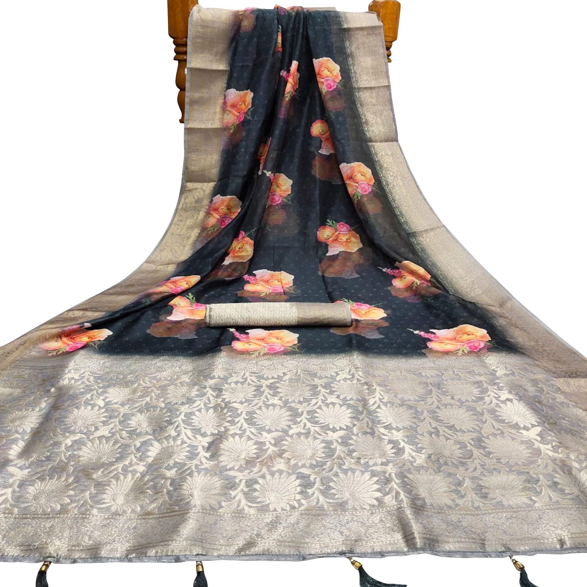 Classy Black Colored Festive Wear Digital Printed Silk Saree - Peachmode