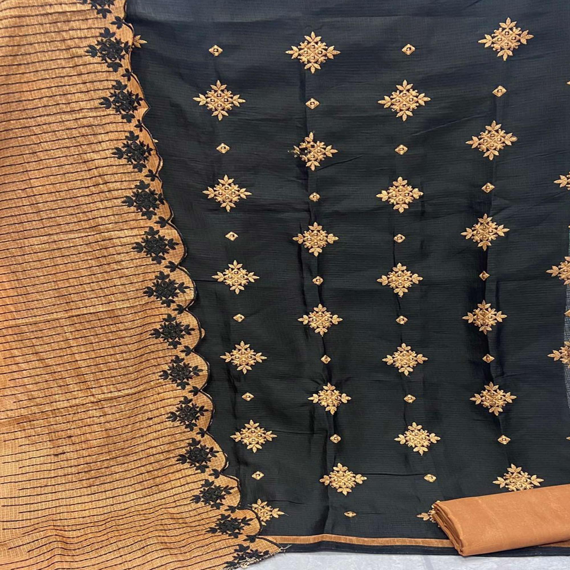 Classy Black - Orange Colored Casual Wear Embroidered Kota Chex Dress Material - Peachmode