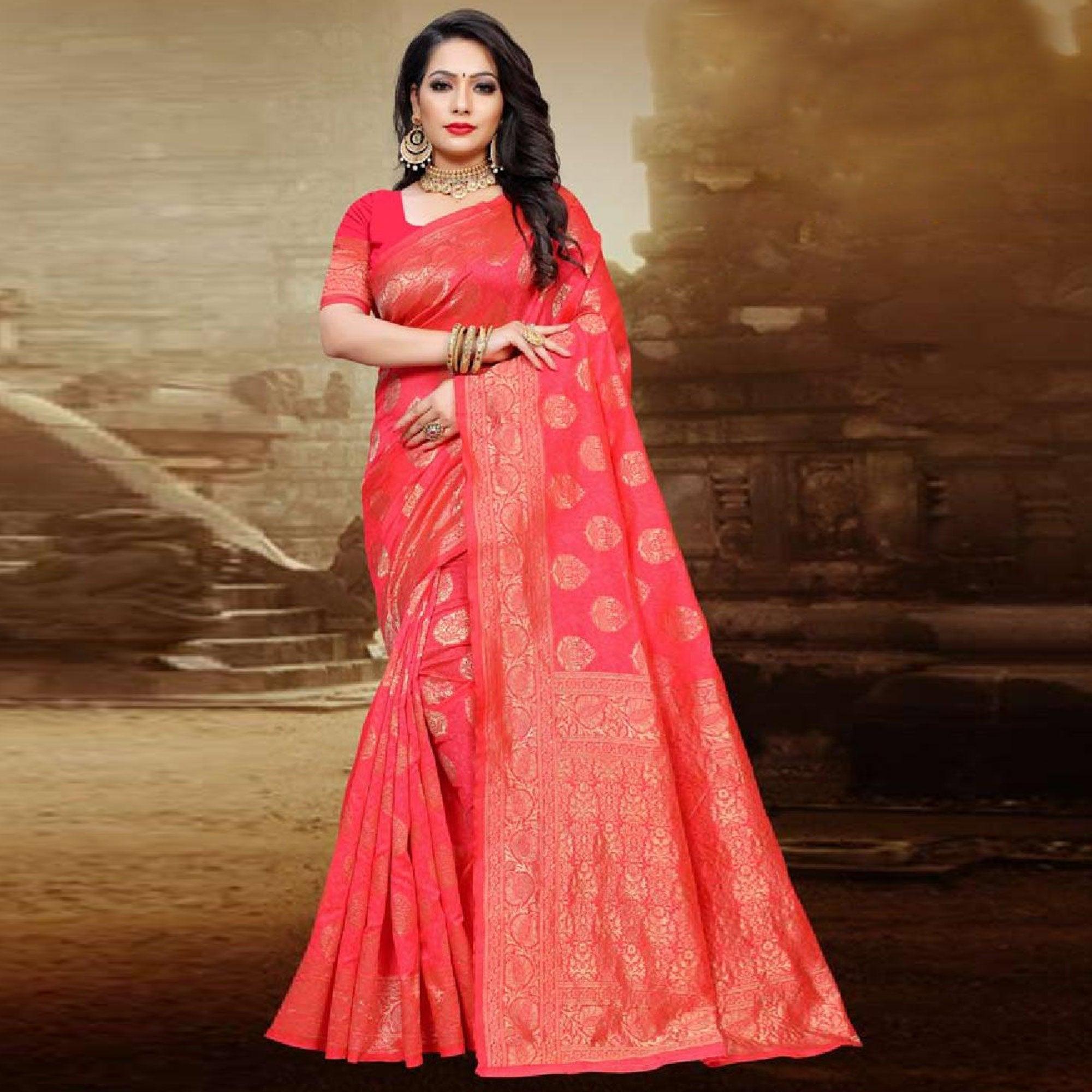 Classy Coral Red Colored Festive Wear Woven Art Silk Saree - Peachmode
