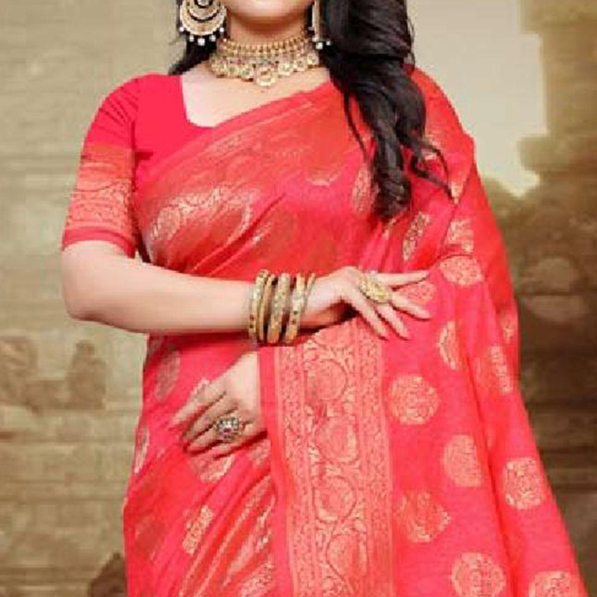 Classy Coral Red Colored Festive Wear Woven Art Silk Saree - Peachmode