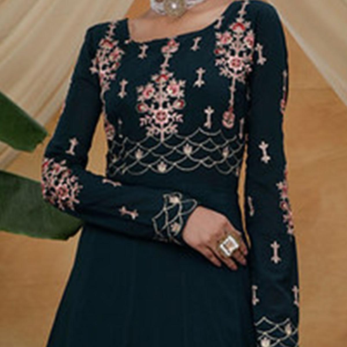 Classy Dark Green Colored Partywear Embroidered Georgette Anarkali Suit - Peachmode