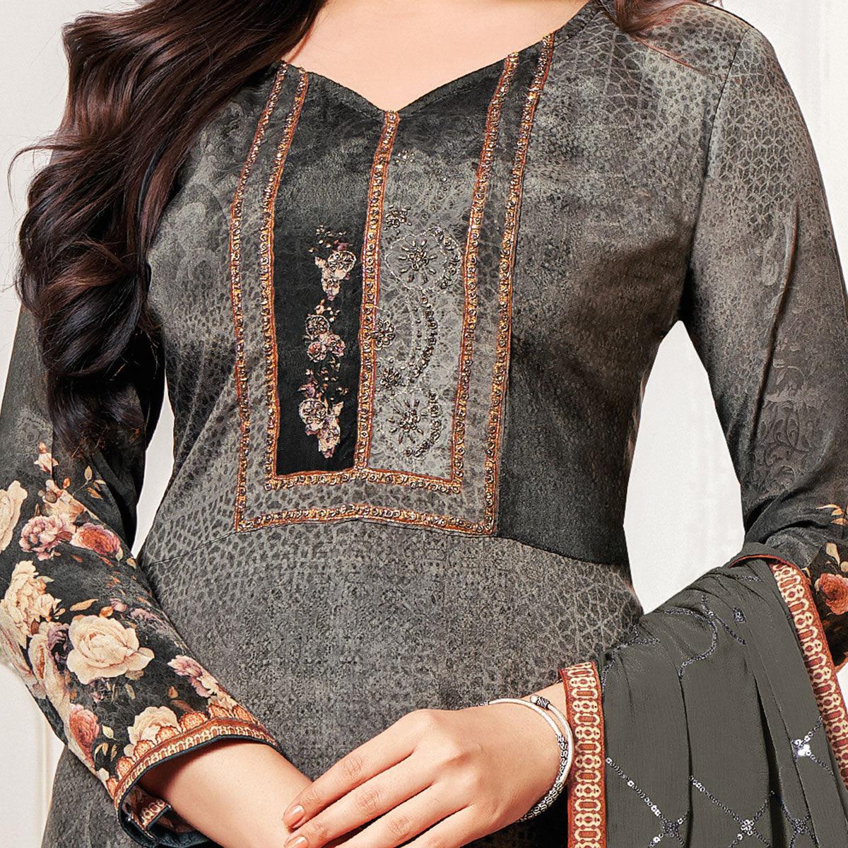 Classy Dark Grey Colored Digital Printed Pure Muslin Silk Dress Material - Peachmode