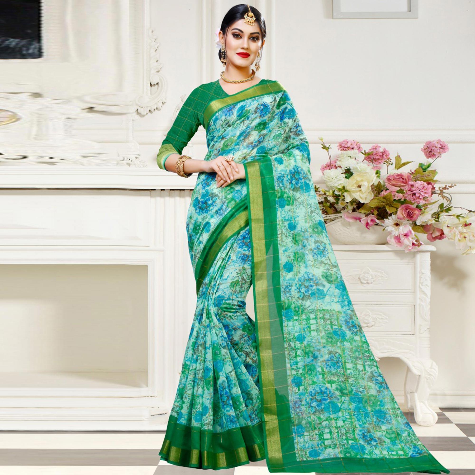 Classy Green Colored Casual Floral Printed Cotton Saree - Peachmode
