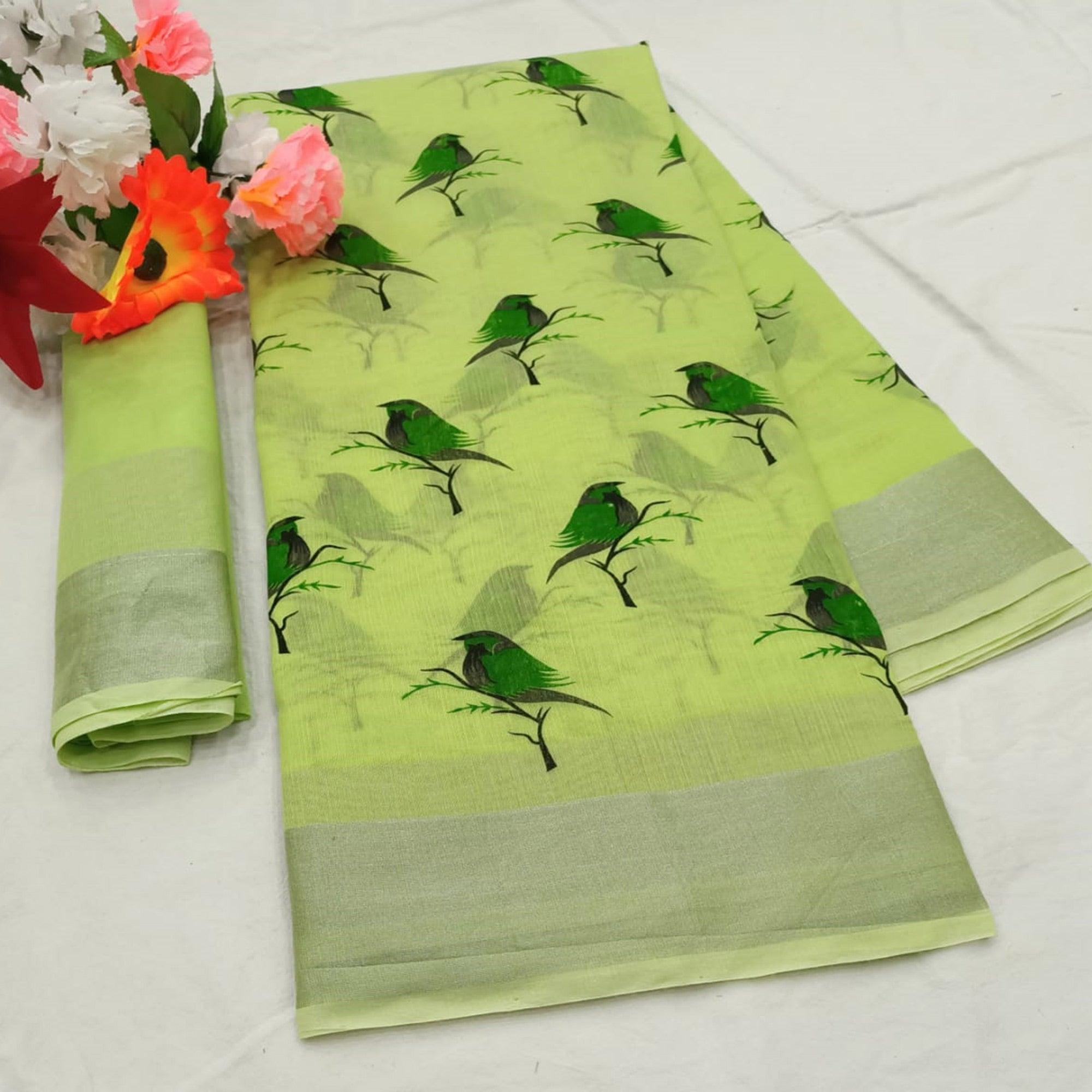 Classy Green Colored Casual Wear Printed Cotton Linen Saree - Peachmode