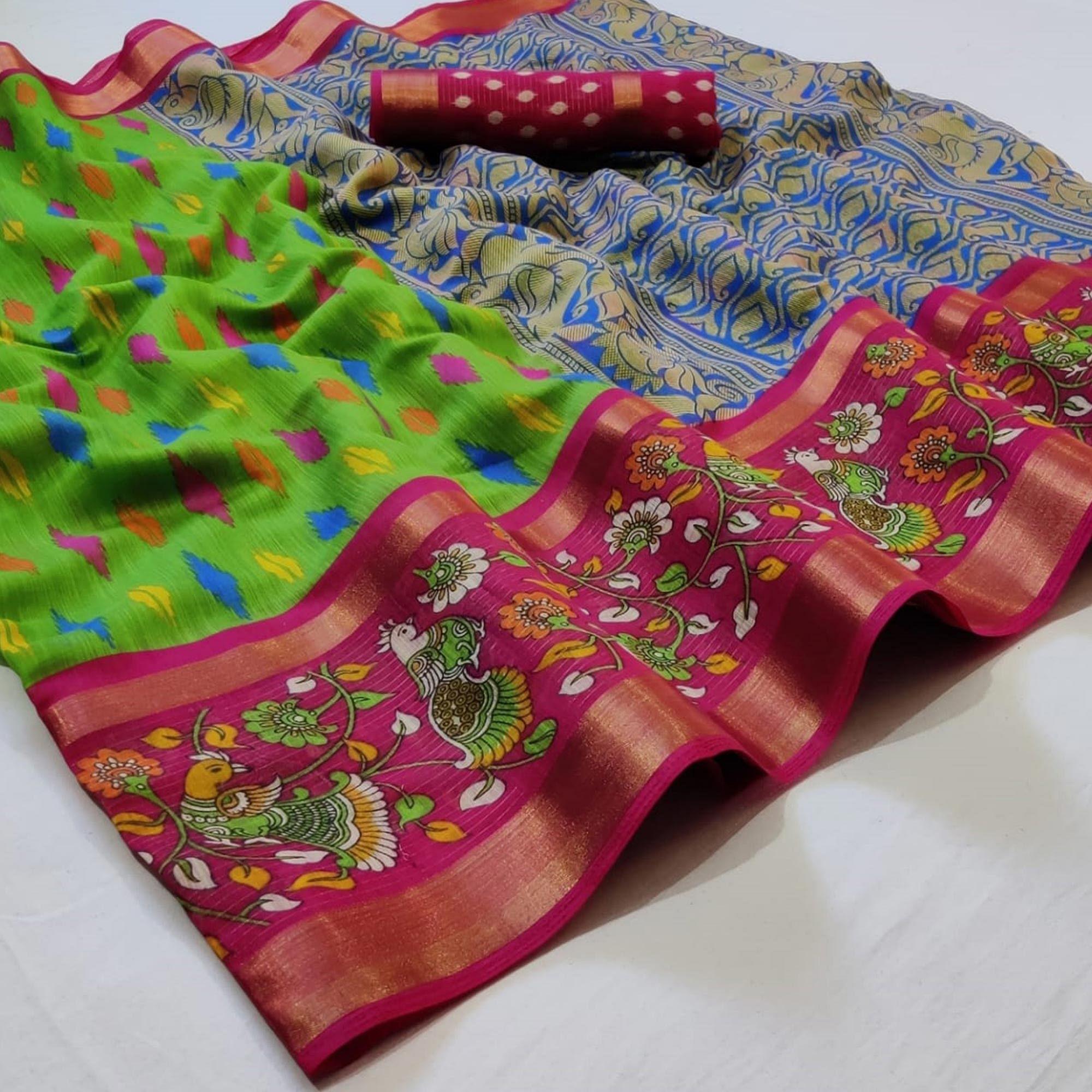 Classy Green Colored Casual Wear Printed Cotton Saree - Peachmode