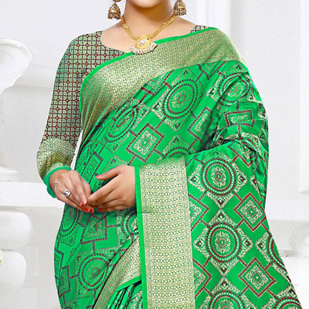 Classy Green Colored Festive Wear Woven Silk Saree - Peachmode