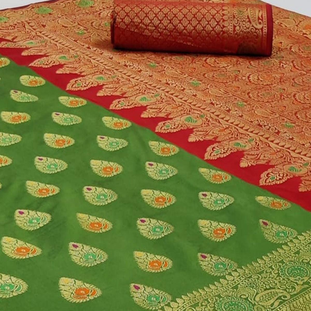 Classy Green Colored Festive Wear Woven Silk Saree - Peachmode
