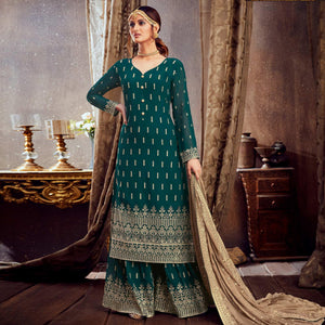 Classy Green Colored Partywear Embroidered Pure Georgette Palazzo Suit - Peachmode