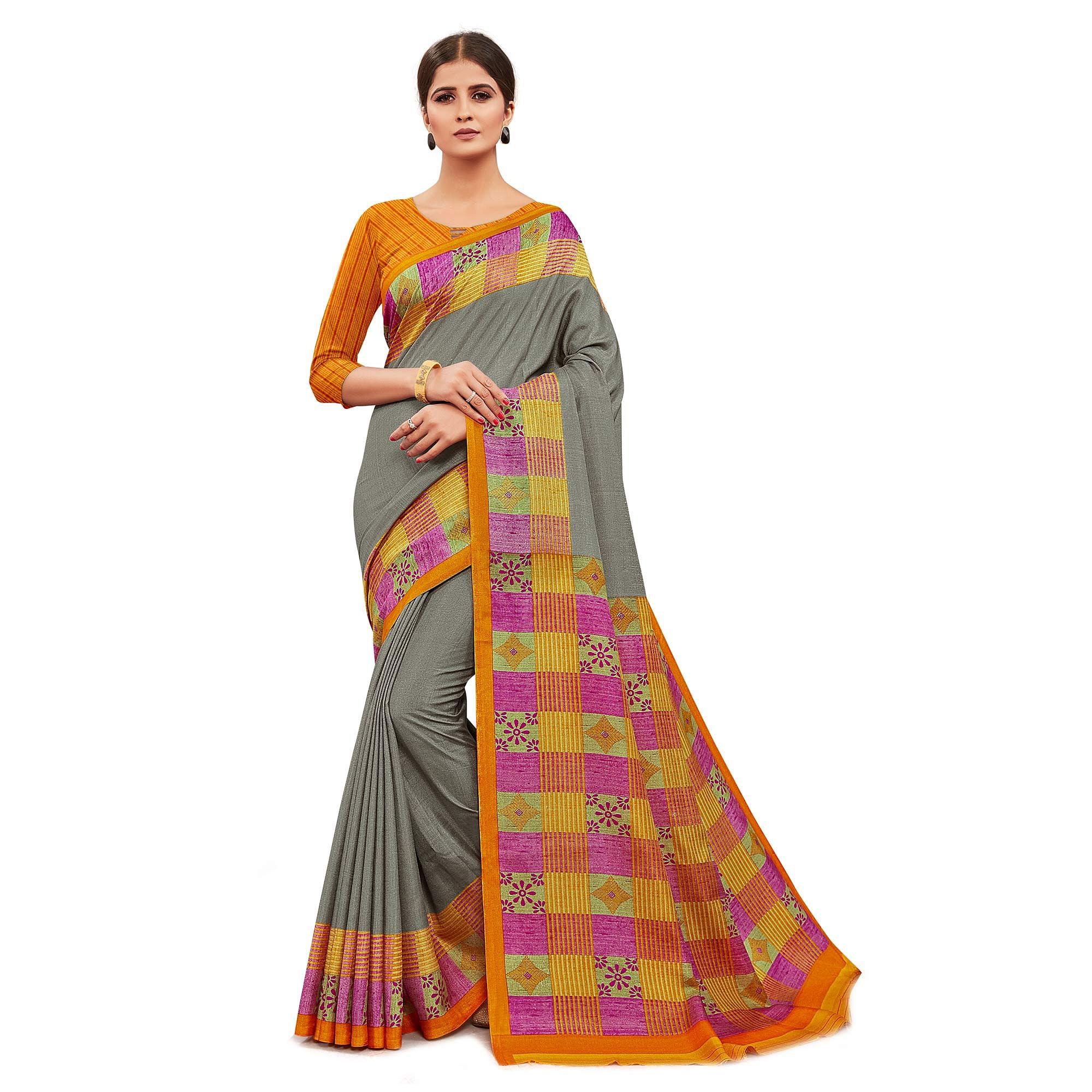 Classy Grey Colored Casual Wear Printed Manipuri Cotton Saree - Peachmode