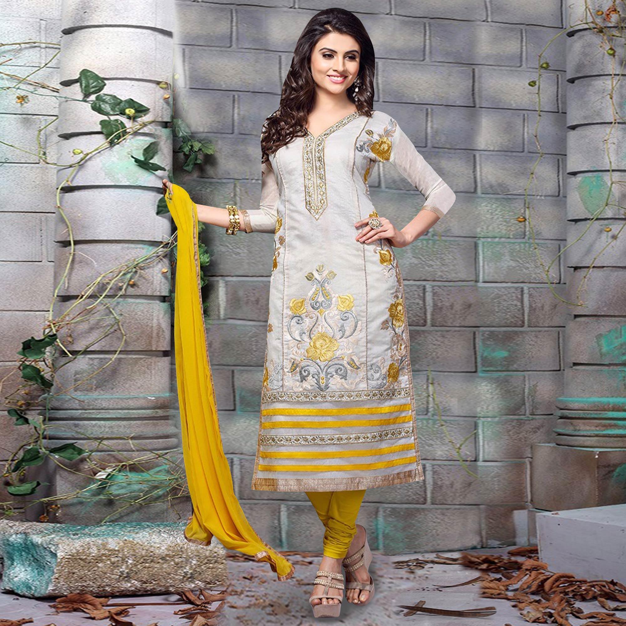 Classy Grey Colored Party Wear Embroidered Chanderi Dress Material - Peachmode
