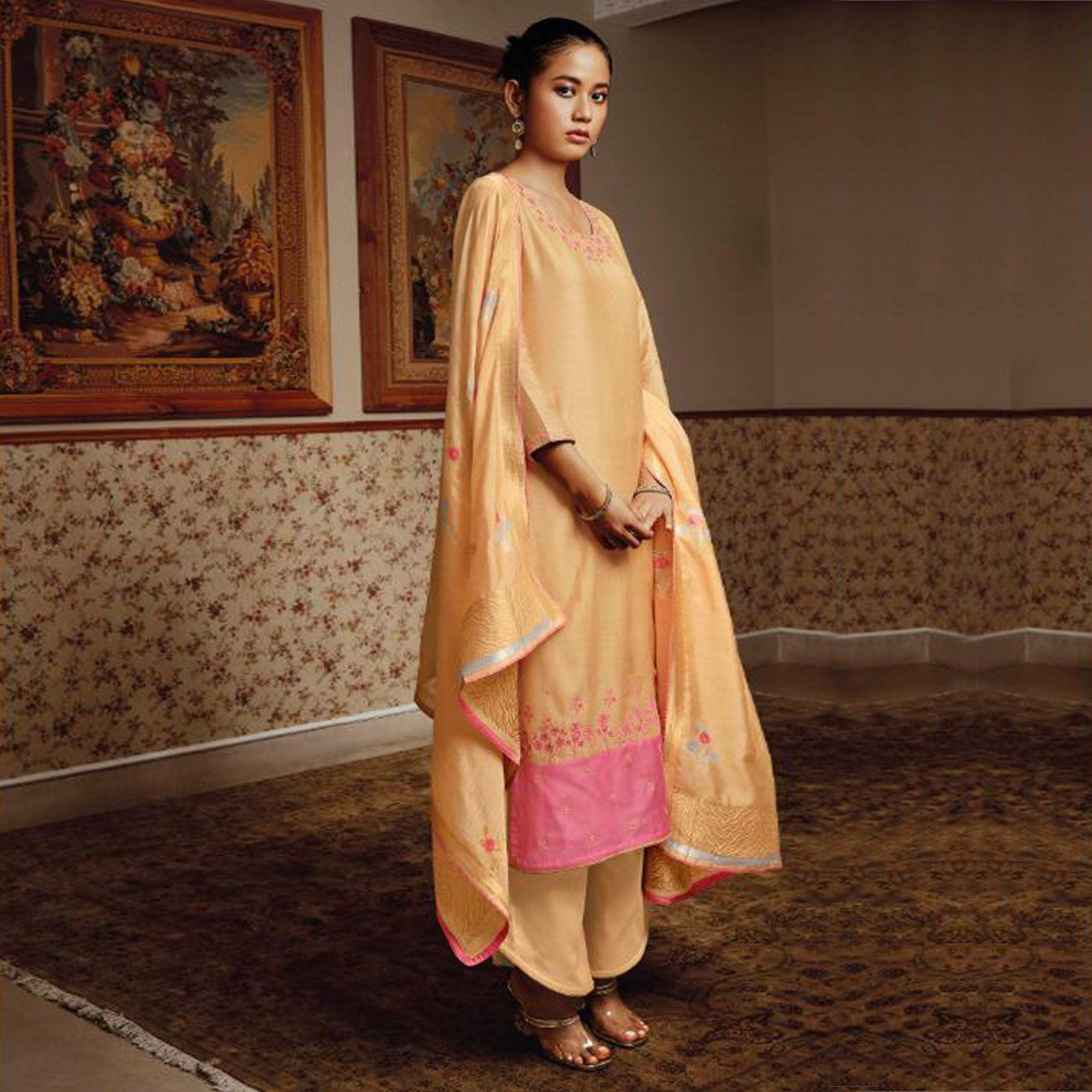 Classy Light Orange Colored Partywear Embroidered Pure Silk Suit - Peachmode