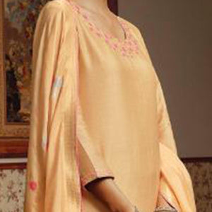 Classy Light Orange Colored Partywear Embroidered Pure Silk Suit - Peachmode