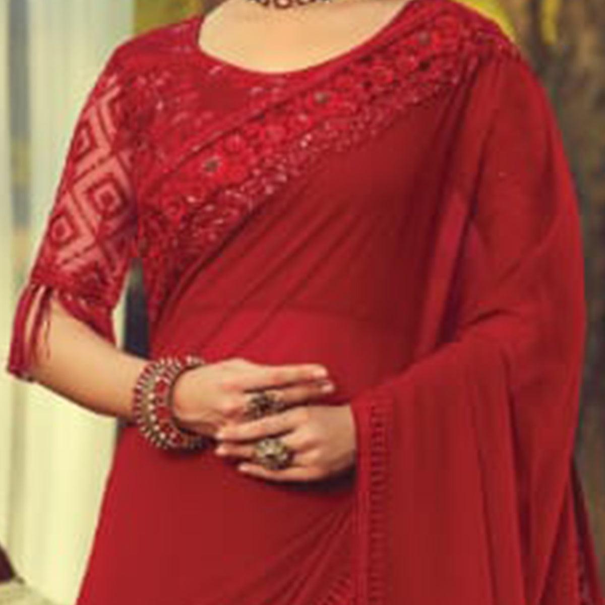 Classy Maroon Colored Partywear Embroidered Georgette Saree - Peachmode