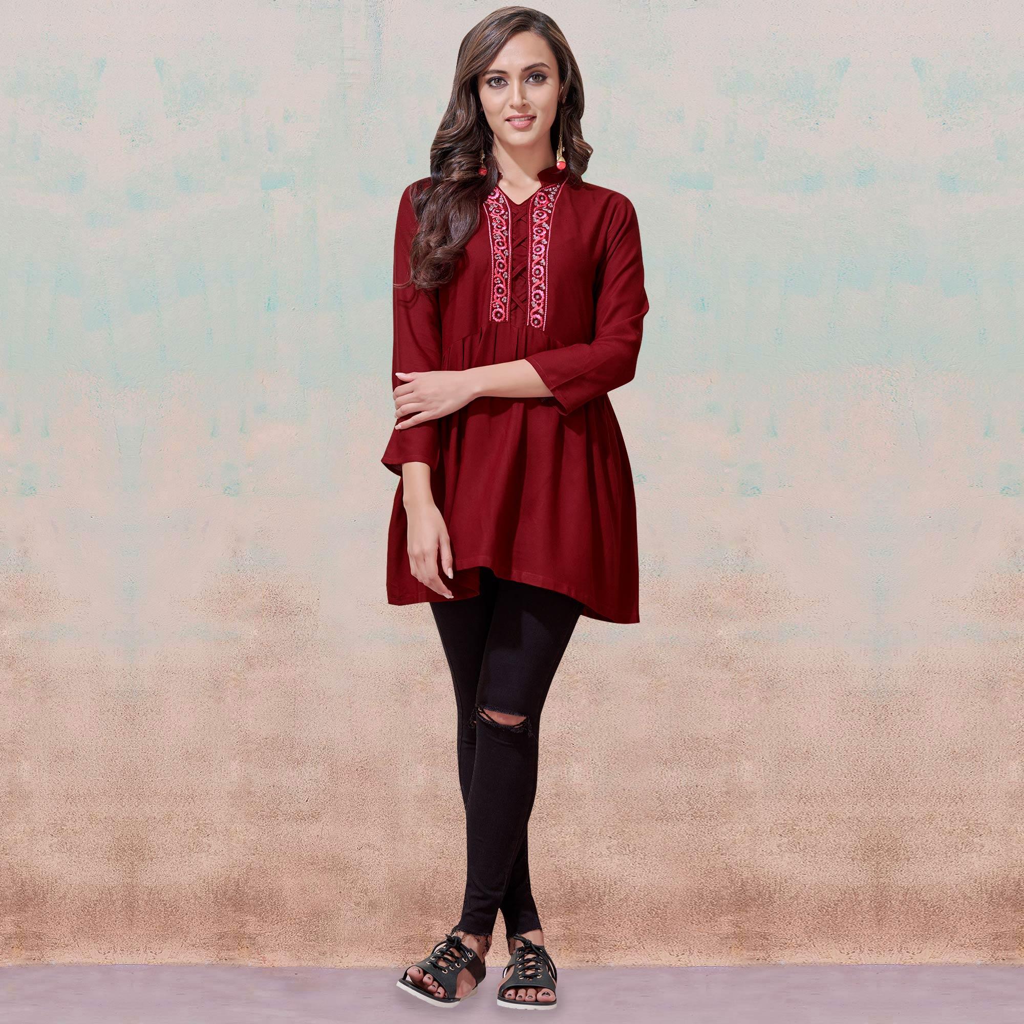 Classy Maroon Colored Partywear Embroidered Rayon Western Top - Peachmode