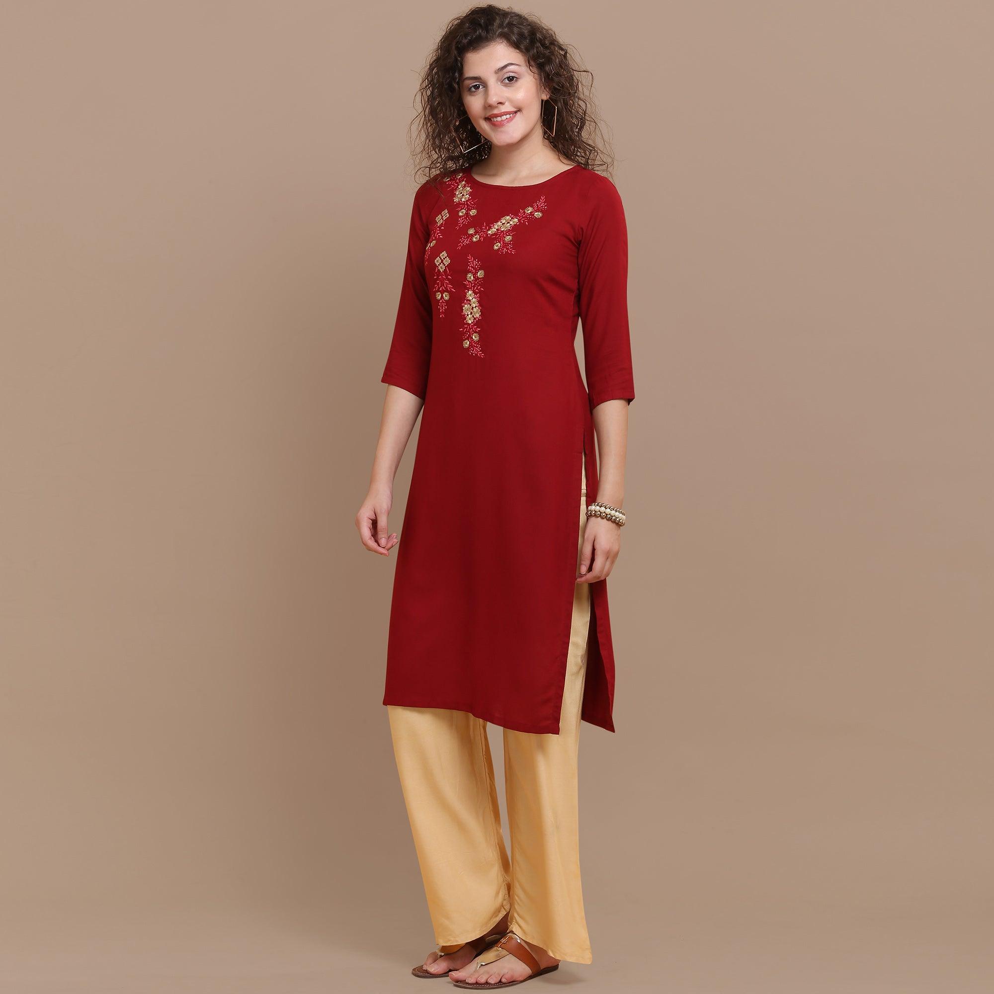 Classy Maroon Colored Partywear Floral Embroidered Rayon Kurti - Peachmode
