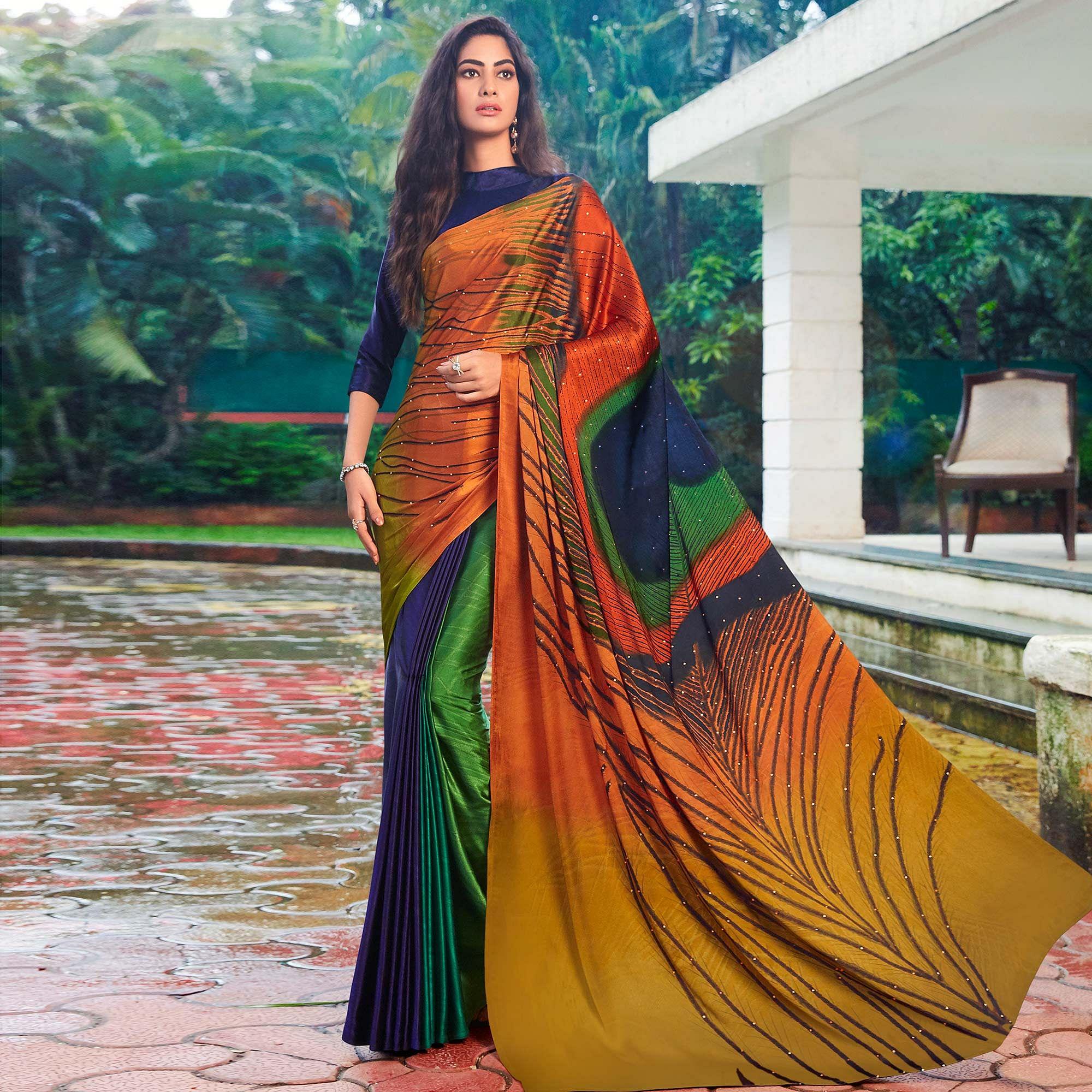 Classy Multi Colored Party Wear Printed Silk Saree - Peachmode