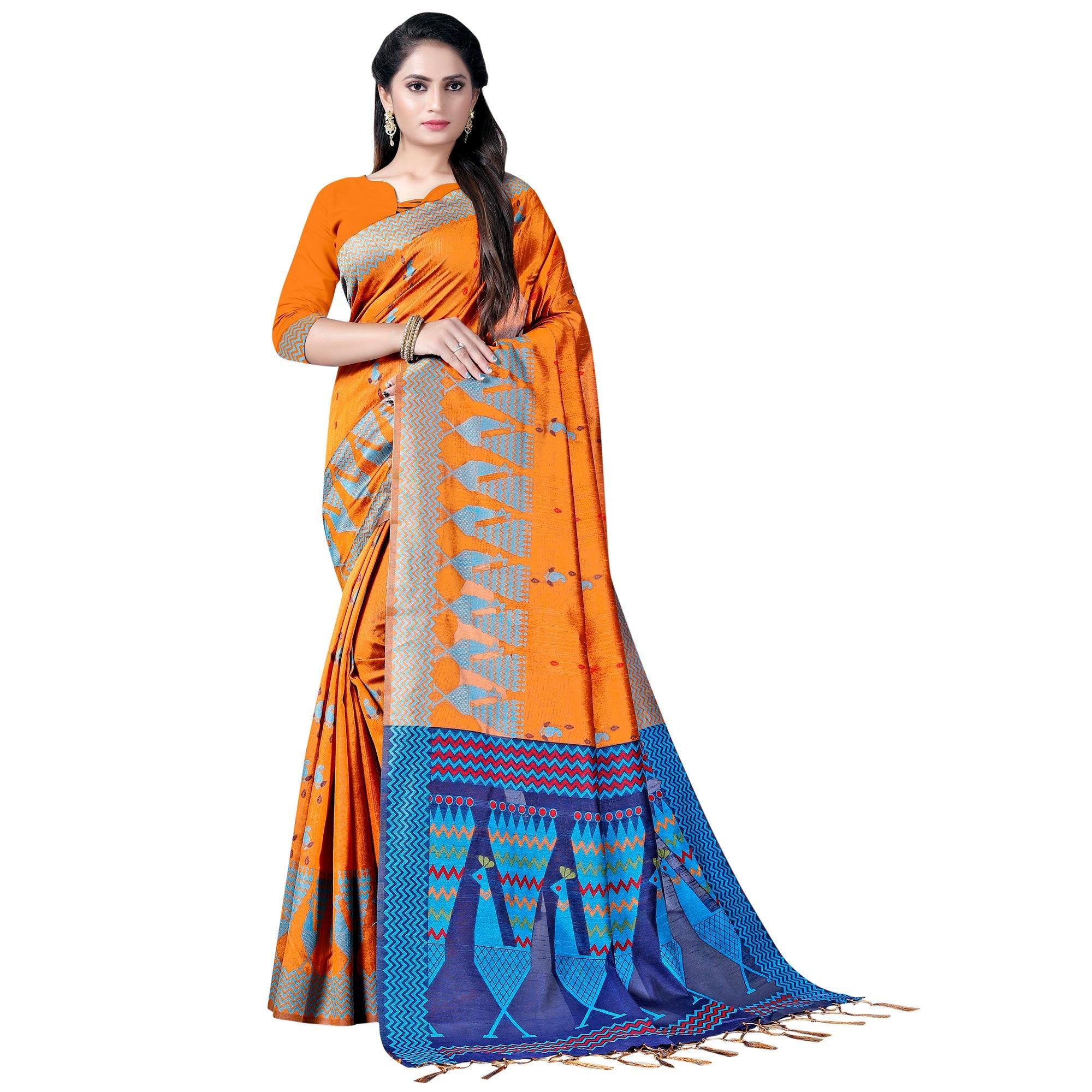 Classy Mustard Yellow Colored Festive Wear Printed Cotton Saree - Peachmode