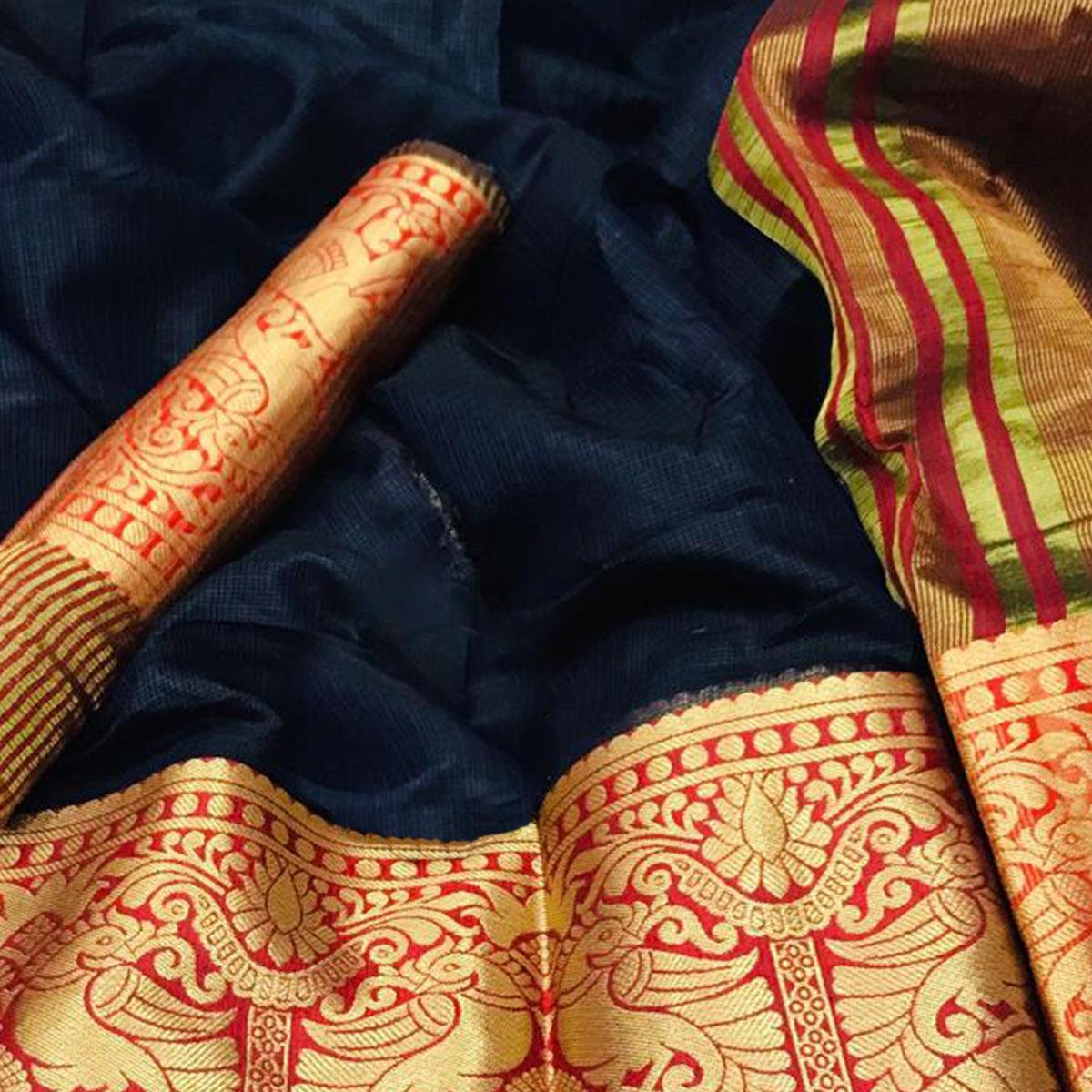 Classy Navy Blue Colored Festive Wear Woven Silk Saree - Peachmode