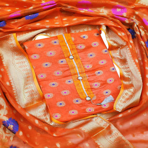 Classy Orange Colored Festive Wear Woven Banarasi Silk Dress Material - Peachmode