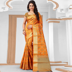 Classy Orange Colored Festive Wear Woven Banarasi Silk Saree - Peachmode