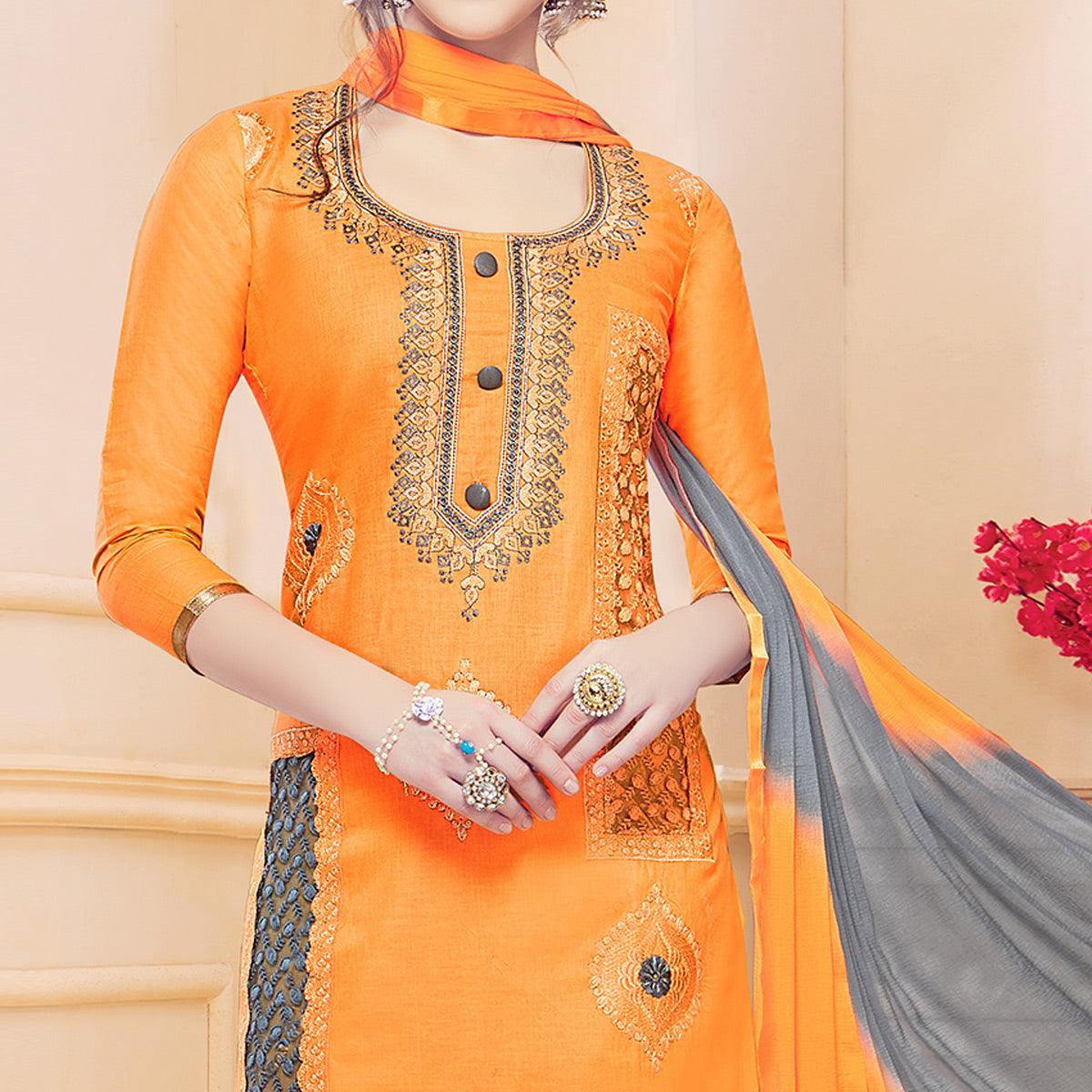 Classy Orange Colored Partywear Embroidered Cotton Dress Material - Peachmode