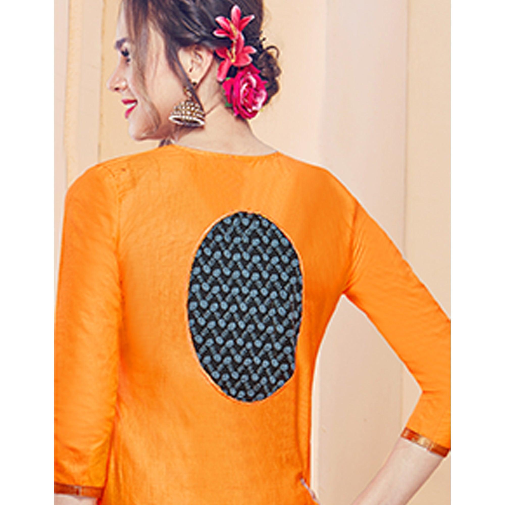 Classy Orange Colored Partywear Embroidered Cotton Dress Material - Peachmode