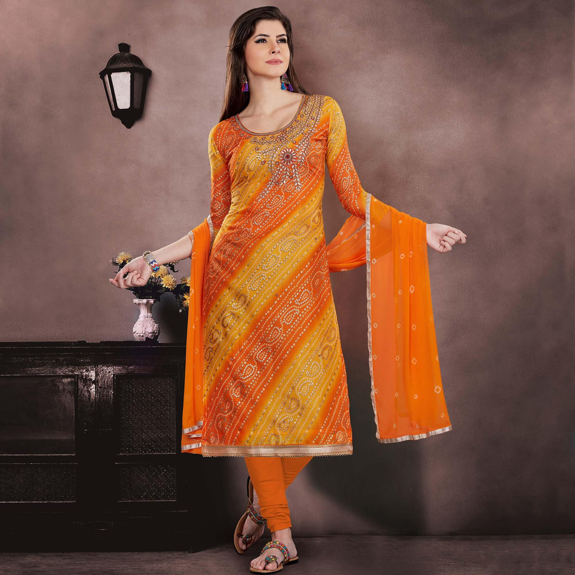 Classy Orange - Yellow Colored Casual Wear Embroidered Modal Chanderi Dress Material - Peachmode