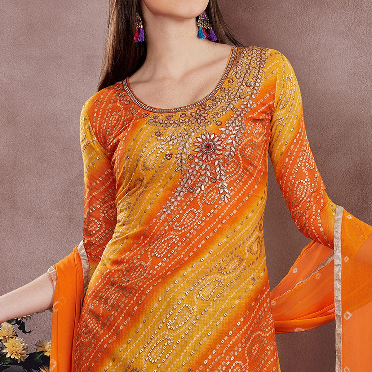 Classy Orange - Yellow Colored Casual Wear Embroidered Modal Chanderi Dress Material - Peachmode