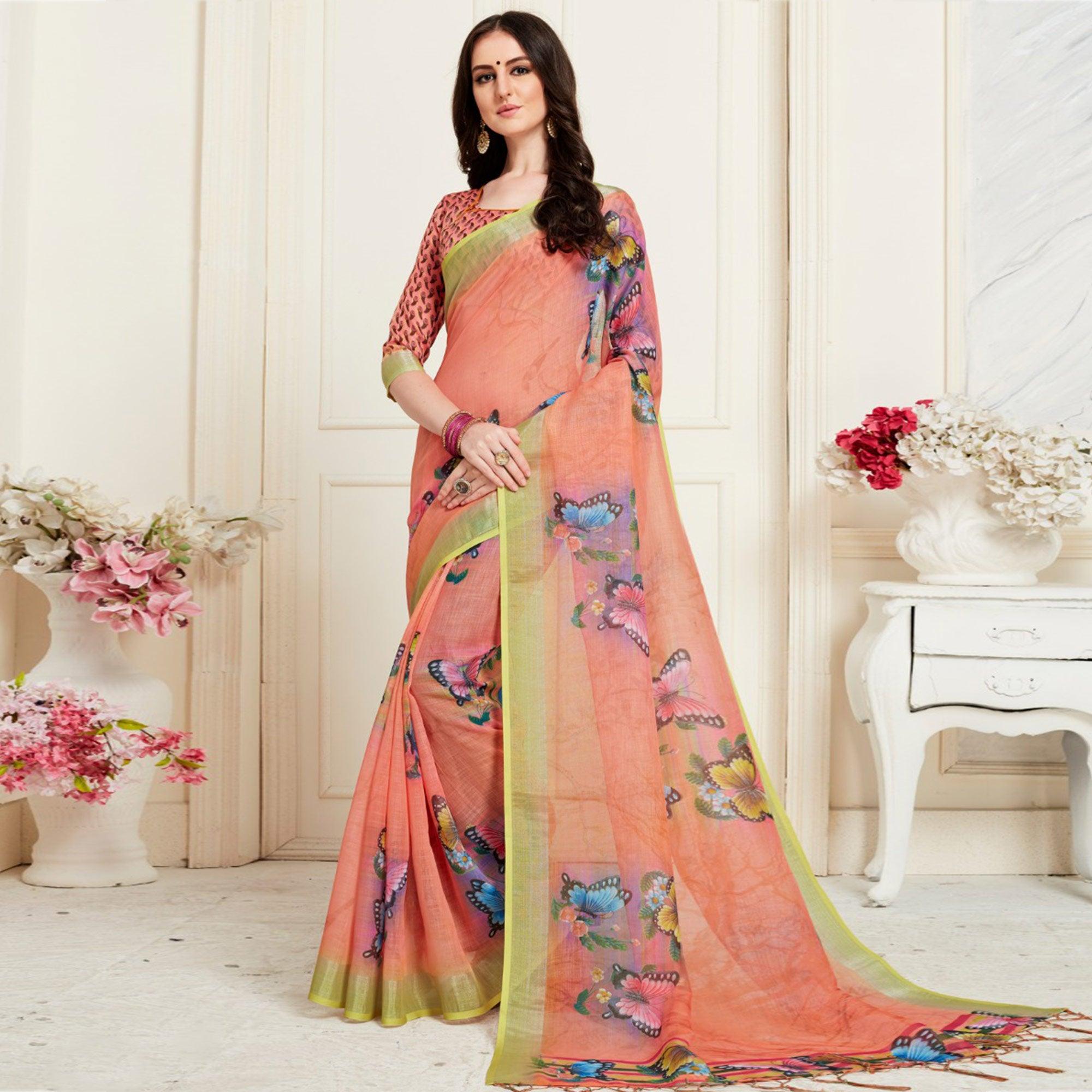 Classy Peach Colored Casual Butterfly Digital Printed Linen Saree - Peachmode