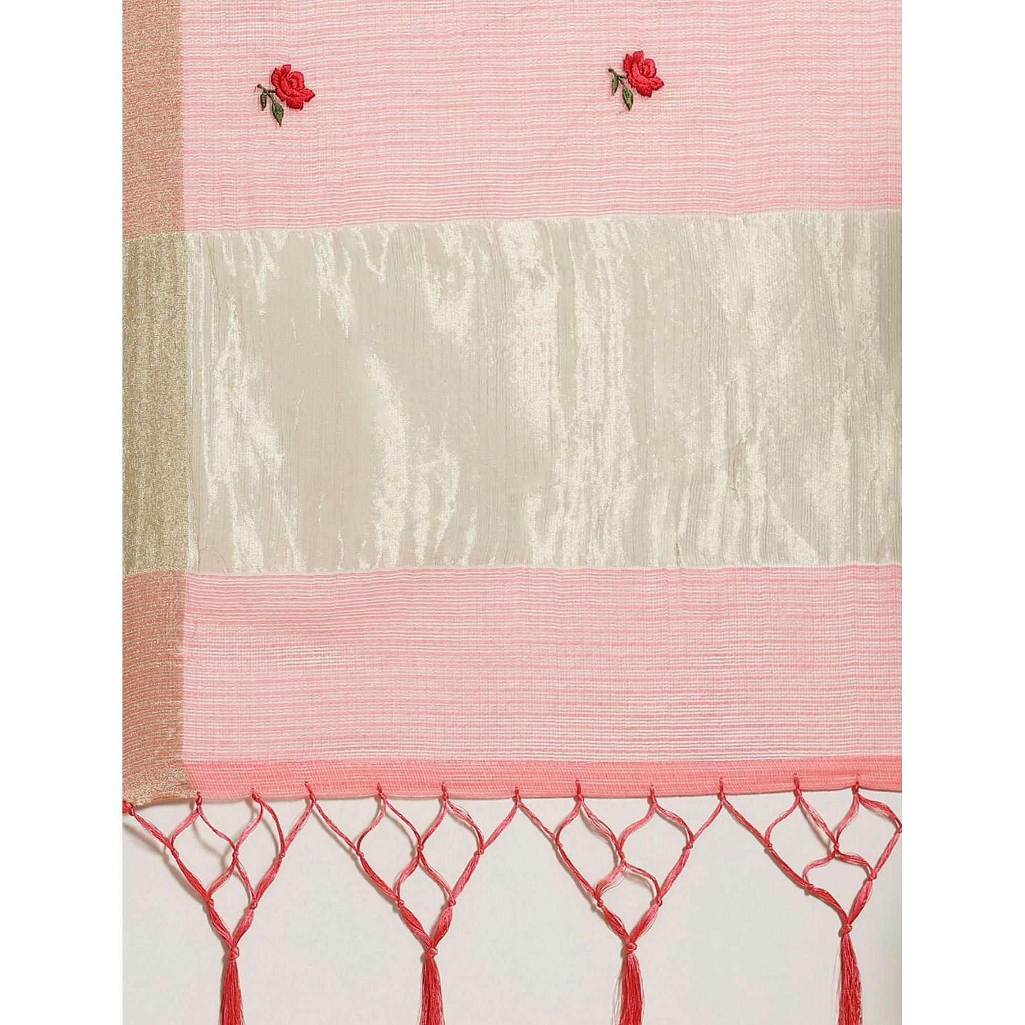 Classy Peach Colored Casual Wear Floral Embroidered Silk Saree With Tassels - Peachmode