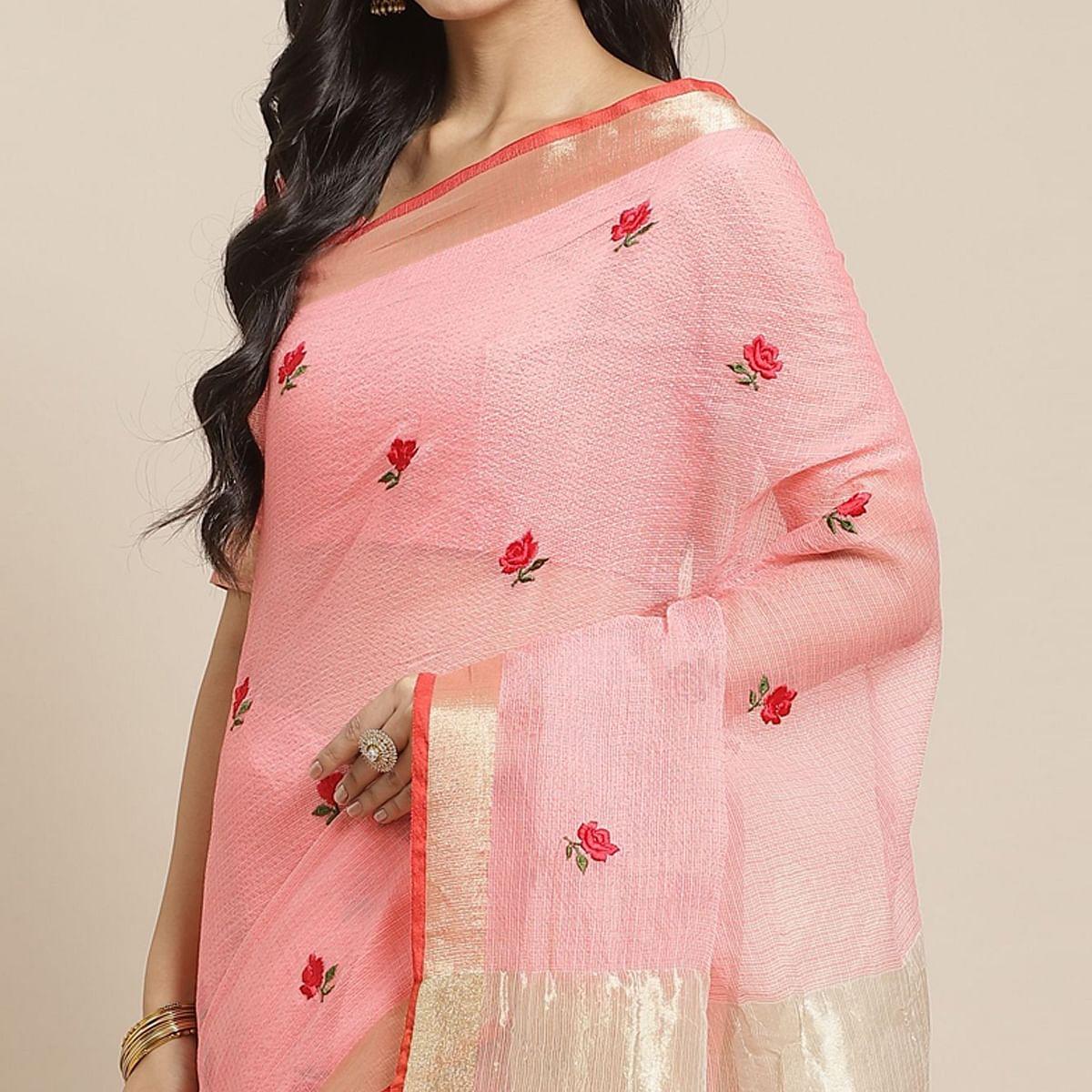 Classy Peach Colored Casual Wear Floral Embroidered Silk Saree With Tassels - Peachmode