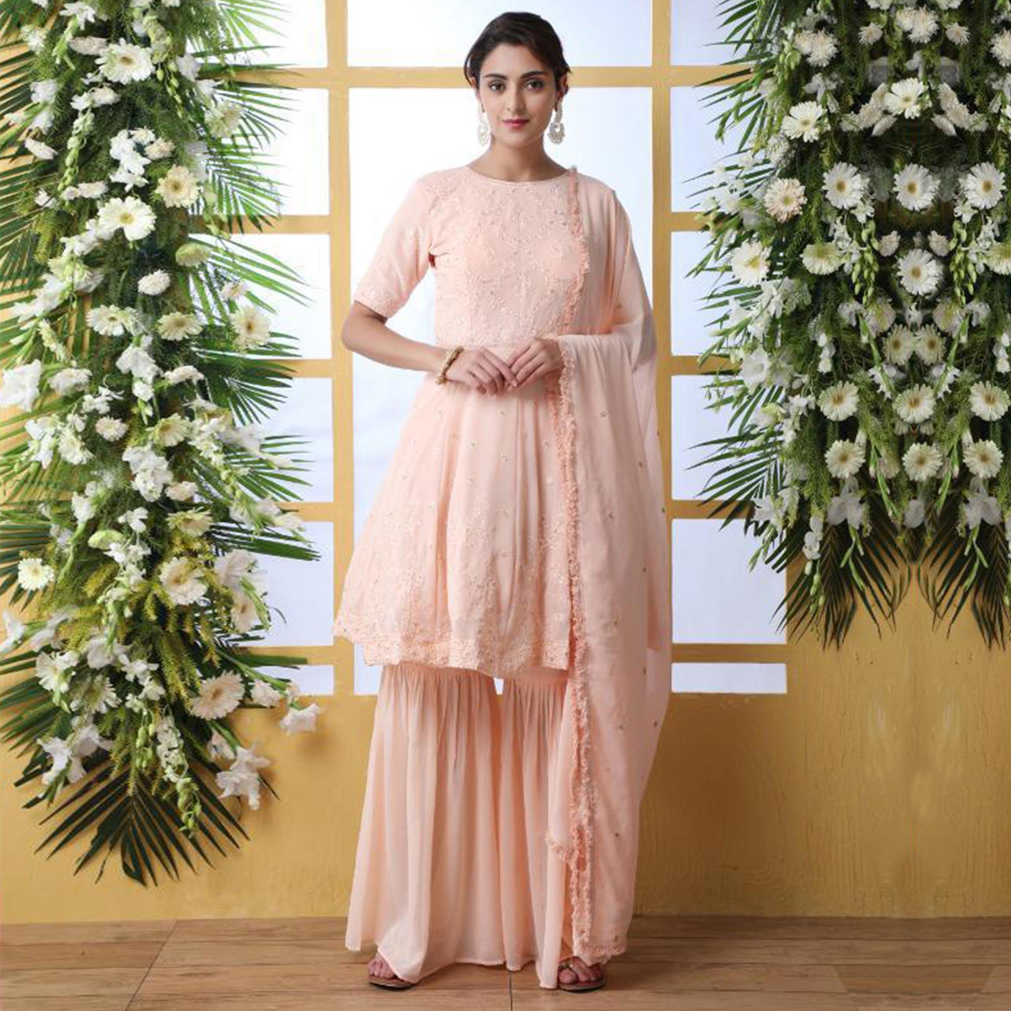 Classy Peach Colored Party Wear Embroidered Georgette Palazzo Suit - Peachmode